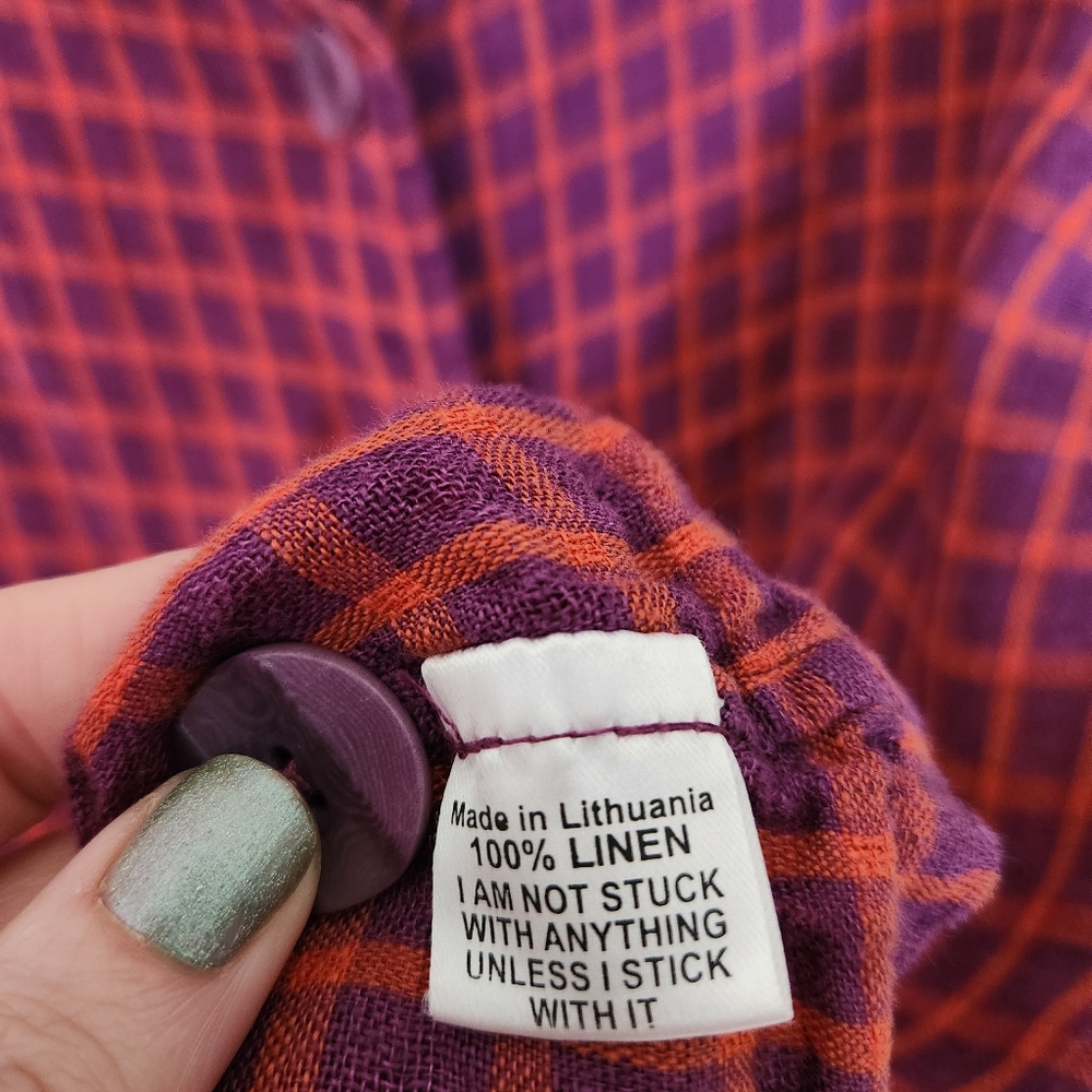 Flax Linen Checkered Button Down Top In Purple An… - image 8